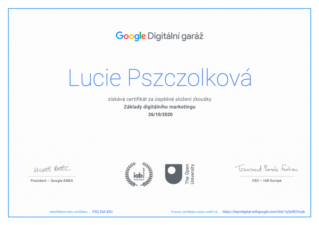 O mně. Google kurz Digitální garáž pro Lucii Pszczolkovou