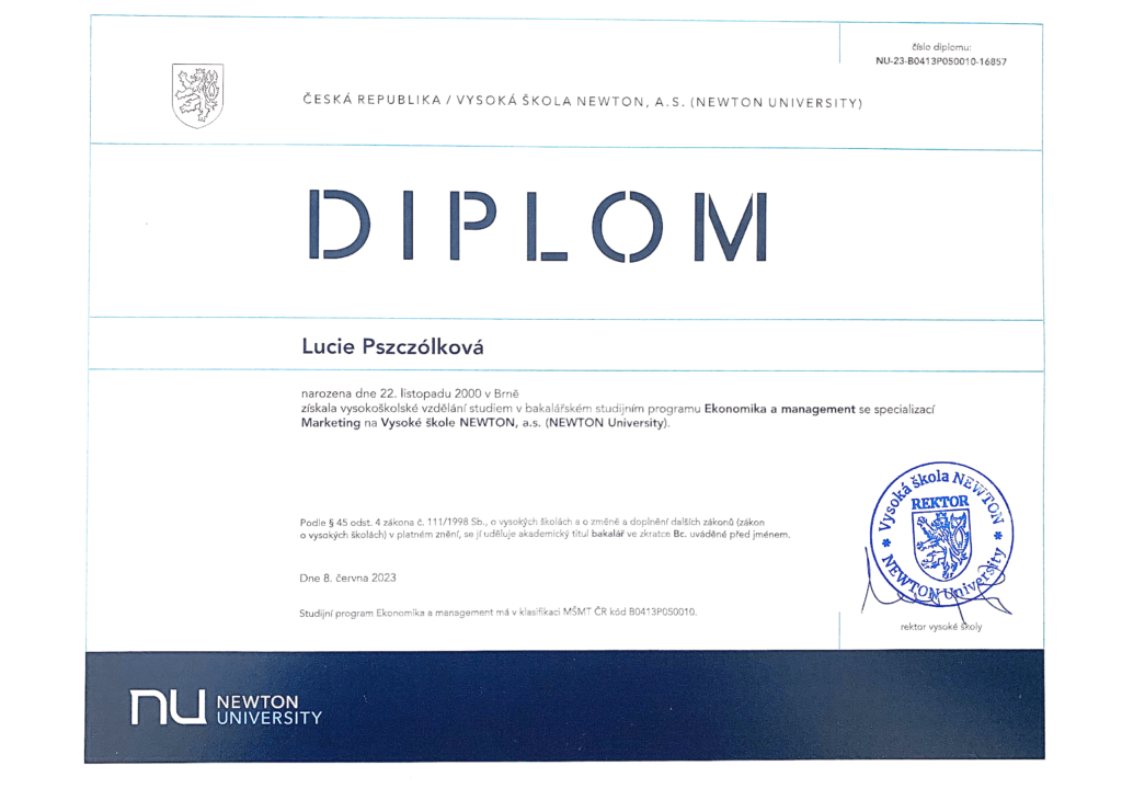  Diplom z bakalářského studia na Newton University z oboru Marketing a Brand Management pro Lucii Pszczolkovou